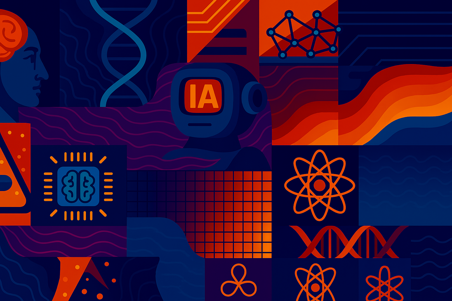 Una ilustración digital colorida que presenta símbolos de inteligencia artificial y tecnología, incluyendo una cabeza de robot con el texto 'IA', hélices de ADN, redes neuronales, circuitos cerebrales y símbolos atómicos en colores vibrantes azul, rojo y naranja.