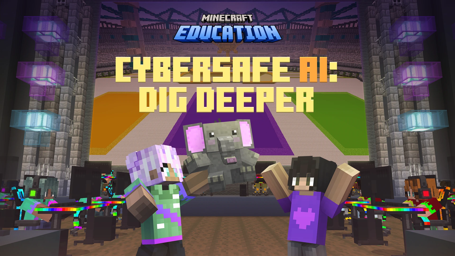 Una escena de un mundo de Minecraft Education que muestra personajes con estilo de bloques, junto con las palabras 'IA Cibersegura: Explora Más a Fondo' y el logotipo de Minecraft Education.