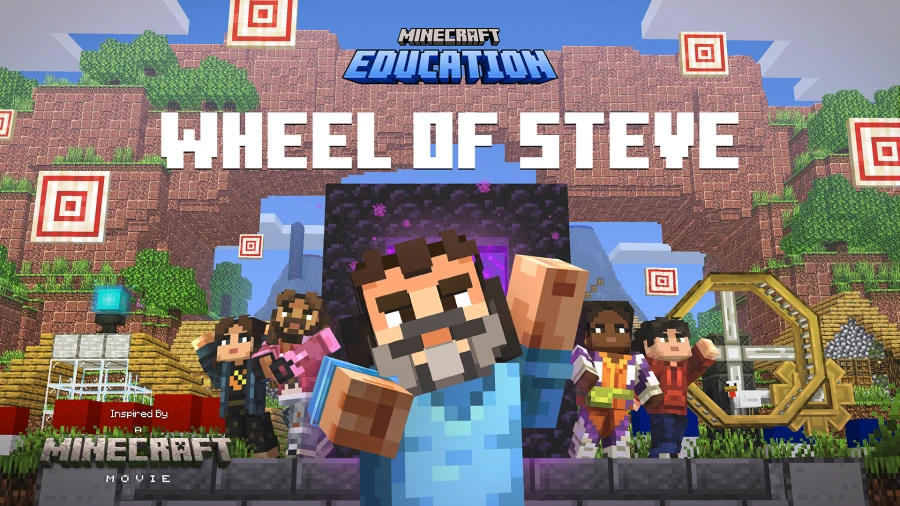 Una escena de Minecraft con cinco personajes del juego. Aparece el texto 'La Rueda de Steve', inspirada en 'Una Película de Minecraft', e incluye el logotipo de Minecraft Education.