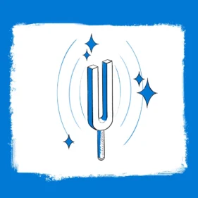 Ilustración de un diapasón vibrando con ondas de sonido representadas por líneas curvas que emanan de su centro. Cuatro destellos brillantes rodean el diapasón, simbolizando la claridad del sonido. Fondo blanco con un borde azul pintado de forma irregular.