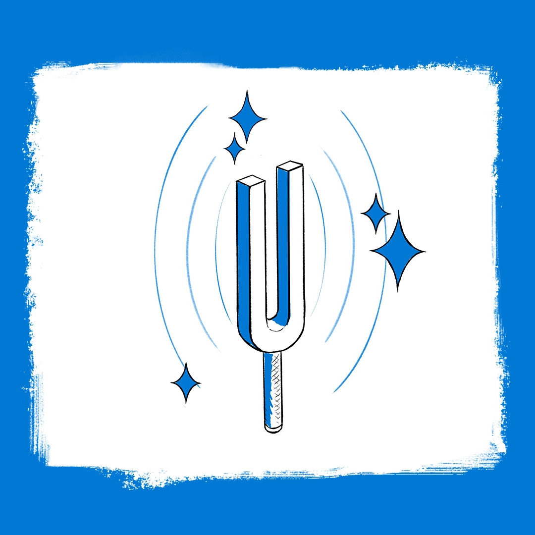 Ilustración de un diapasón vibrando con ondas de sonido representadas por líneas curvas que emanan de su centro. Cuatro destellos brillantes rodean el diapasón, simbolizando la claridad del sonido. Fondo blanco con un borde azul pintado de forma irregular.