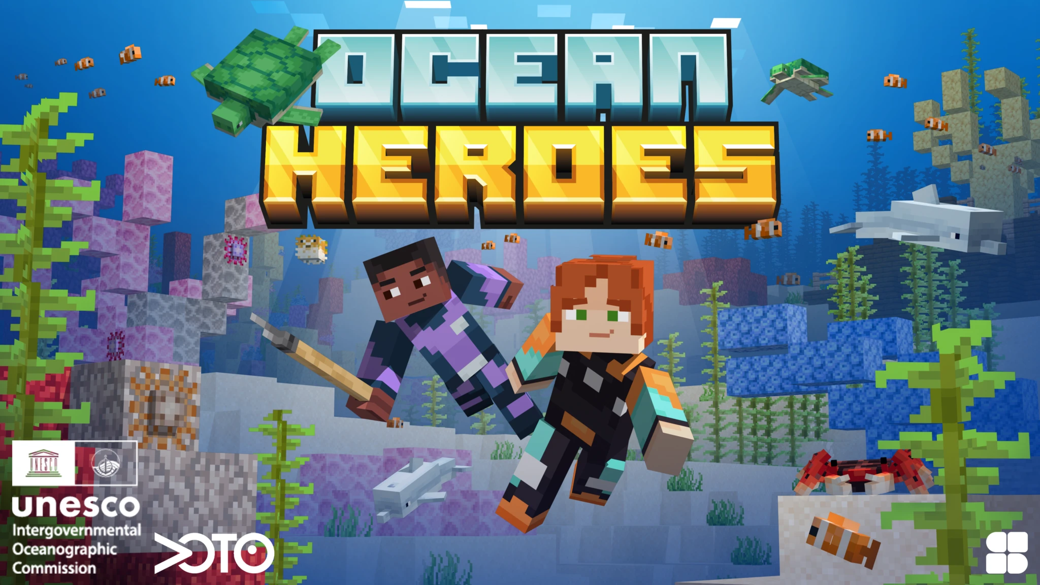 Una escena submarina en Minecraft que muestra a dos personajes con estilo de bloques, animales marinos y flora, junto con los logotipos de la Comisión Oceanográfica Intergubernamental de la UNESCO, Voz del Océano y Shapescape.