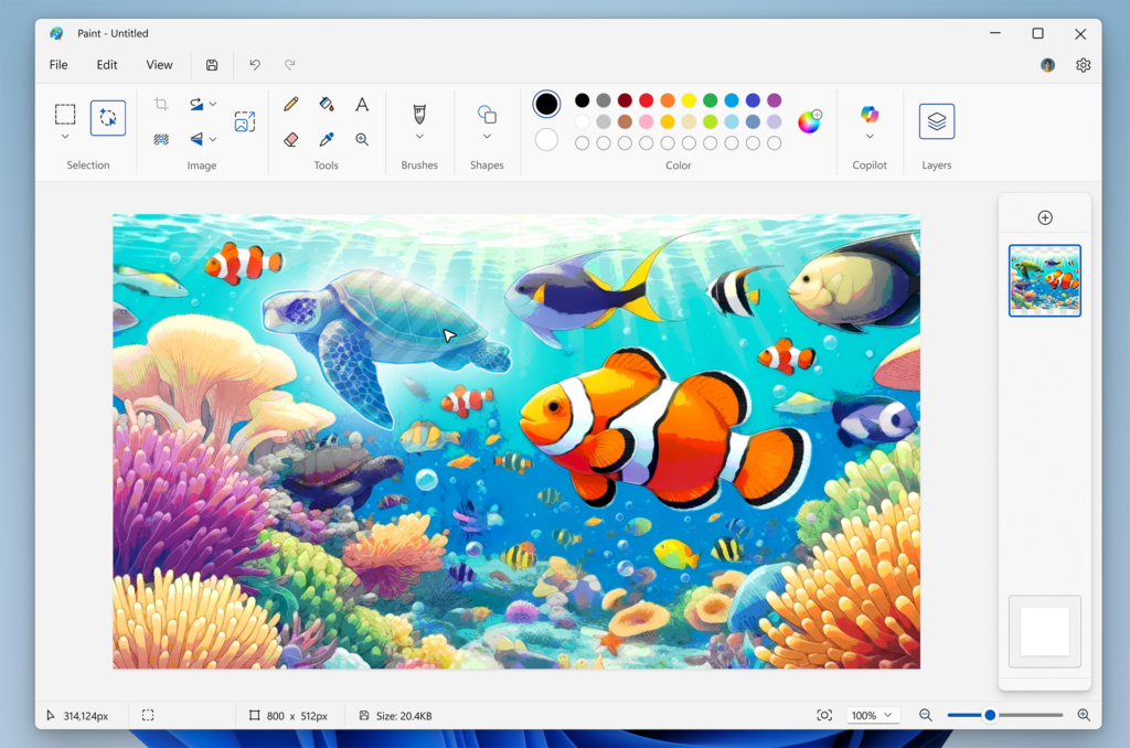 Captura de pantalla de Paint con un pez y tras plantas y animales submarinos