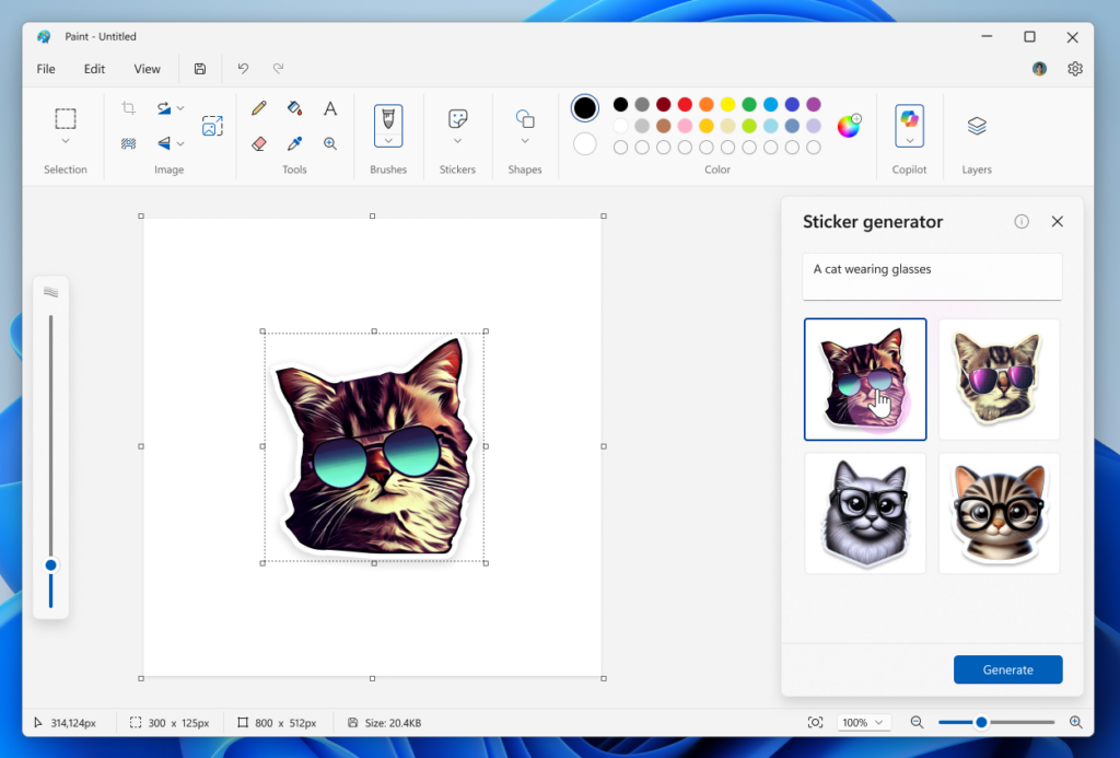 Captura de pantalla de Paint, con stickers de caras de gatos