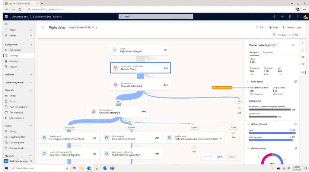 Una captura de pantalla de la interfaz de usuario que muestra Customer Insights - Journey en un escenario de aerolínea.