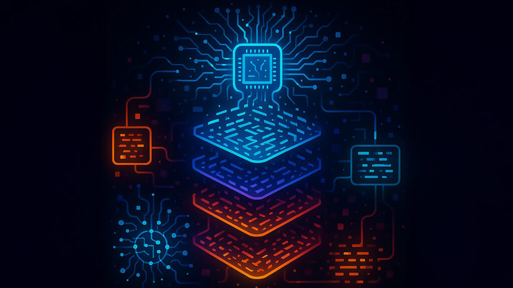 Ilustración digital estilizada de una placa de circuito de múltiples capas. Un microchip azul brillante se encuentra en la parte superior central, con un intrincado sistema de circuitos que se irradia hacia afuera. Debajo de él, cuatro capas apiladas cambian de color de azul a naranja, cada una con patrones similares a circuitos. Componentes rectangulares y circulares más pequeños están conectados alrededor de las capas, todo sobre un fondo oscuro con formas geométricas dispersas.